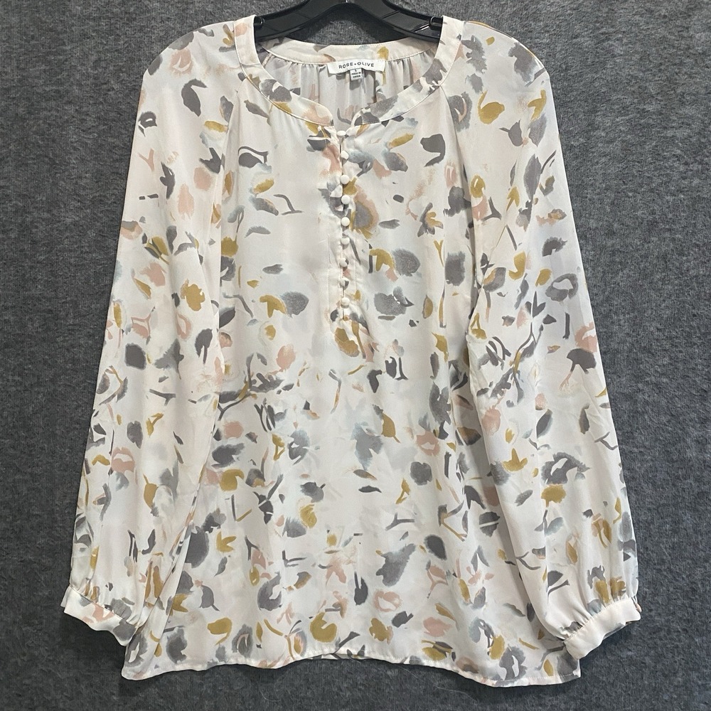 Rose Olive Top Womens L Pink Gray Floral Boho Flowy Popover Tunic Casual Office